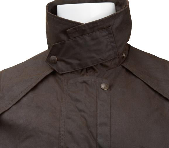 Oilskin coat has full neck protection