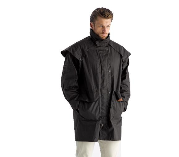 Oilskin coat, full waterproof coverage from the neck to the thighs