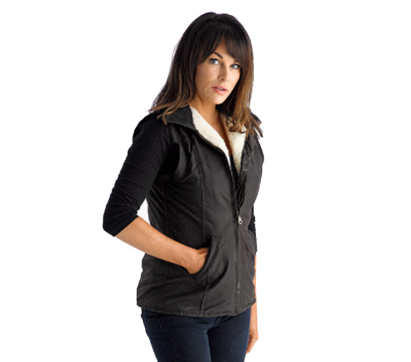Women's oilskin vest has pockets at the front and a zipped interior pocket for items