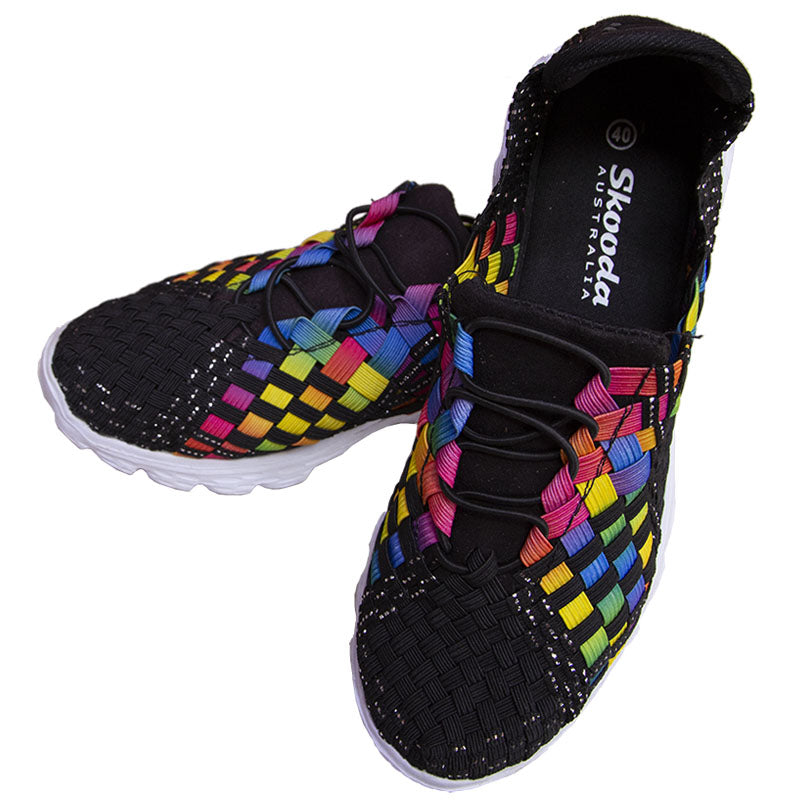 Skooda Shoes Ladies Rainbow Black Sporty, white Soles