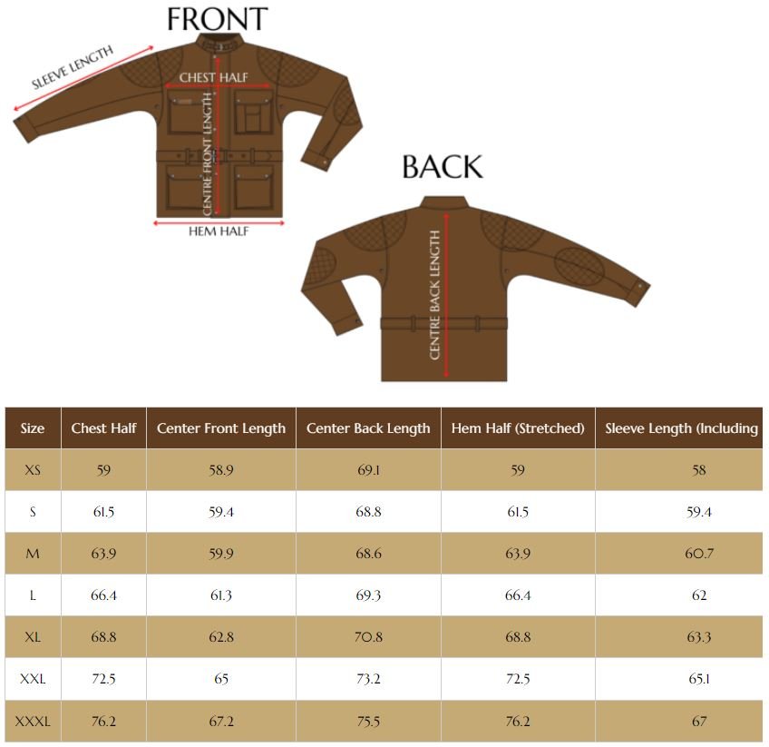 The Bomber, Oilskin Jacket, OzWit, Sizing Chart