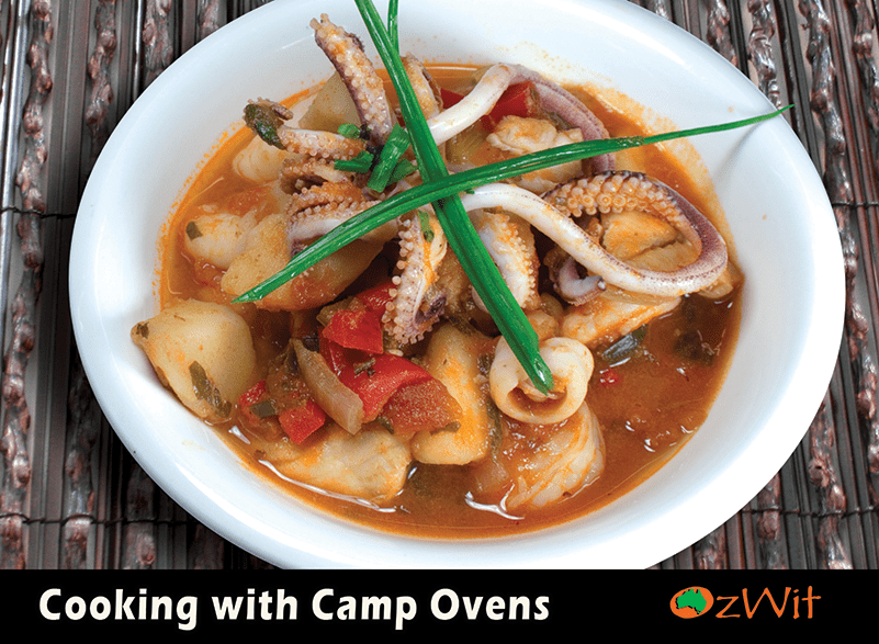 Camp oven cook books, camp oven cooking, Cooking With Camp Ovens, Fair Dinkum Dampers, OzWit, Camp Recipes, Seafood Hot Pot