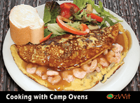 Thumbnail for Camp oven cook books, camp oven cooking, Cooking With Camp Ovens, Fair Dinkum Dampers, OzWit, Camp Recipes, Prawn Ommelette