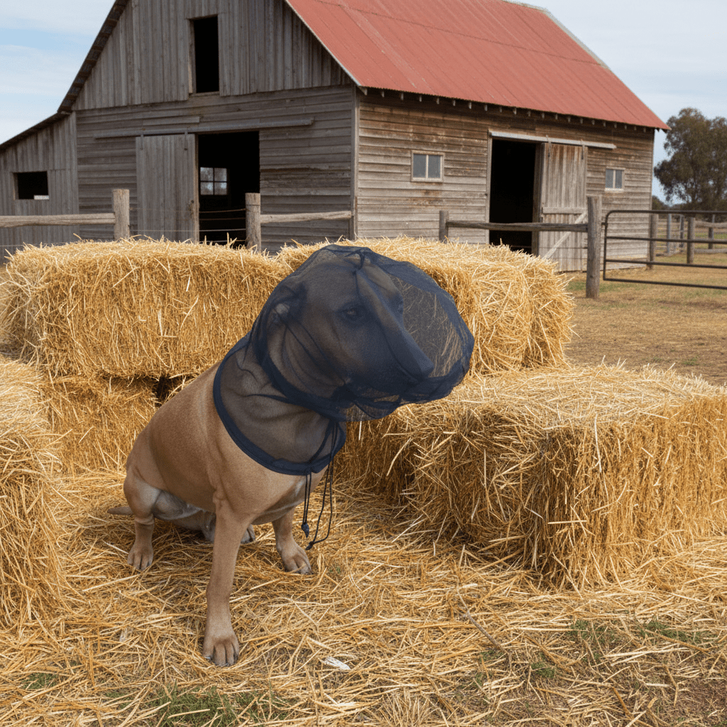 Dog wearing a fly mask standing among hay bales in front of a barn.