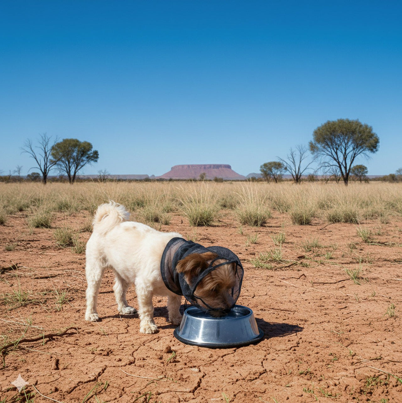 Dog drinking water from a bowl in a desert landscape with a large rock formation in the background.