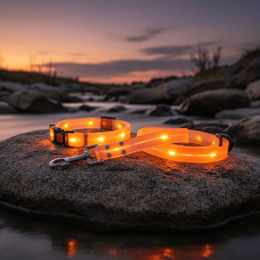 A glowing orange dog lead and collar on a rock with a sunset or sunrise in the background.