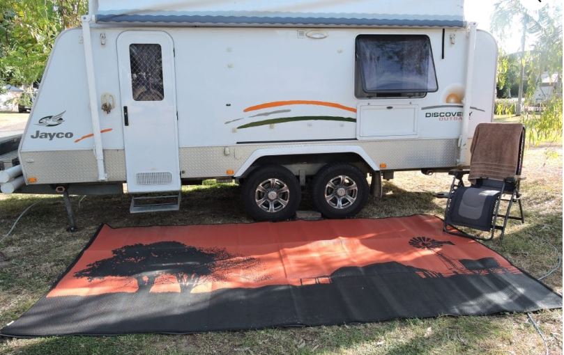 Outdoor Mat, Caravan Mat, Camping Mat, Homestead Poly Mats Outback Orange on Black, Reversable, Camping