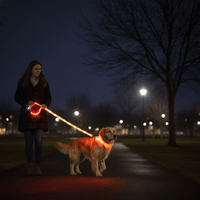 Thumbnail for Woman walking a dog on a leash with glowing ends in a park at night.