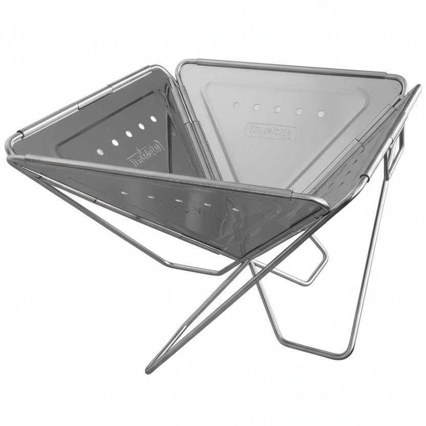 Portable folding campfire grill on a white background