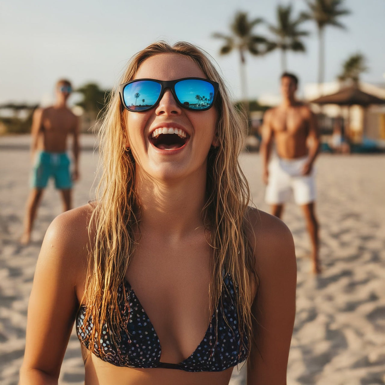 Woman in a bikini and polarised sunglasses on a beach with people in the background