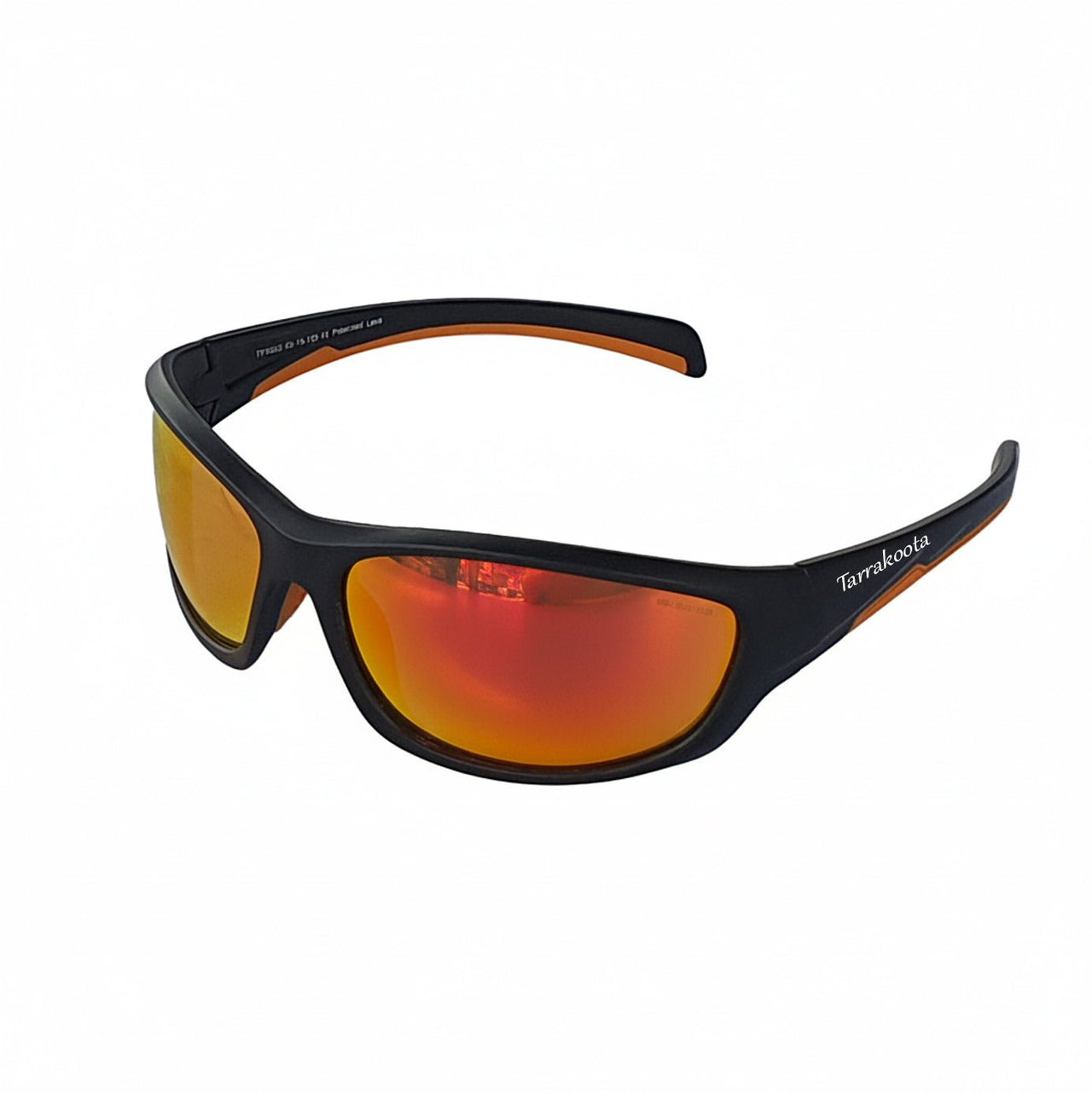 Floating polarised sunglasses with black frame and orange safety strip, sunburst lens.