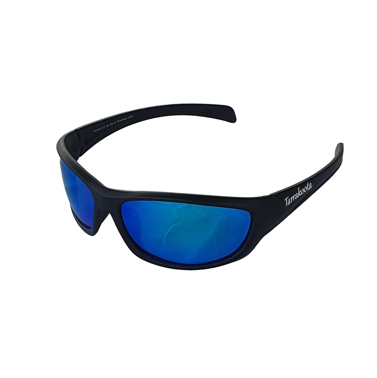 Floating polarised sunglasses with black arms and ultra blue lens.