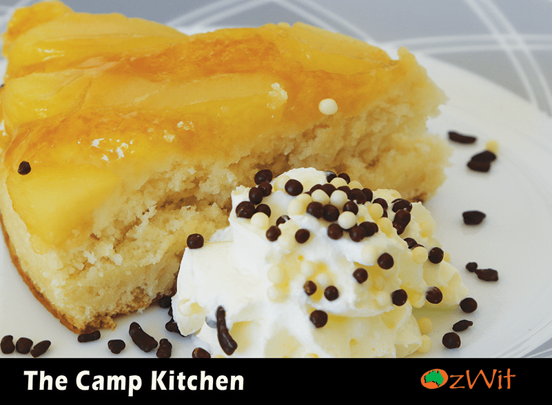 Camp oven cook books, camp oven cooking, The Camp Kitchen, OzWit, Camp Recipes,Upside Down Pear and Caramel Cake