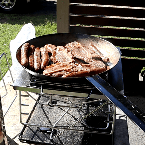 Quokka, folding fire pit by Travel Pits is great for frying up a Sausage