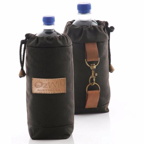Oilskin drink bottle cooler is insulated with wool, will keep cold for hours