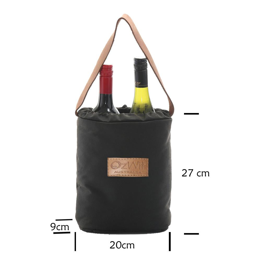 Australian oilskin wine cooler for two bottles of wine and insulated with wool to keep icy cool for hours