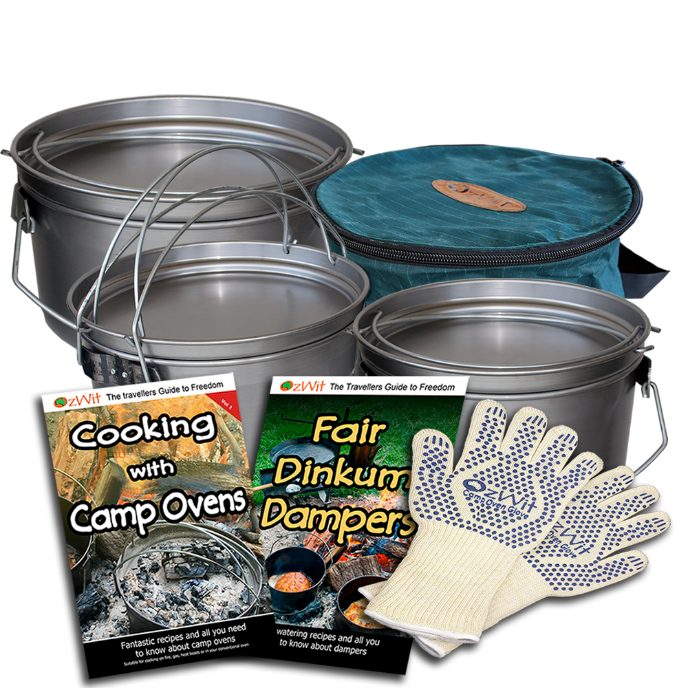 10 and 12 inch spun steel camp oven, canvas camp oven bag, heat gloves and cooking with camp ovens, Fair Dinkum Dampers, camp oven cooking